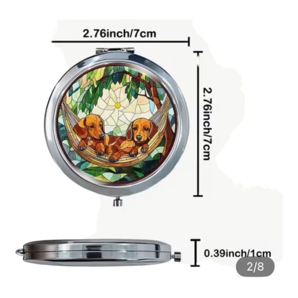 Dachshund Hammock Stained Glass Style Compact Mirror Round Makeup Mirror 2.76” - Picture 3 of 4